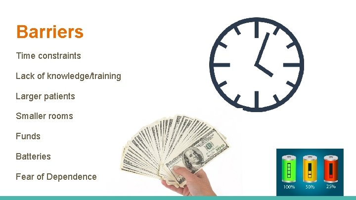 Barriers Time constraints Lack of knowledge/training Larger patients Smaller rooms Funds Batteries Fear of