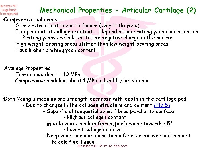 Mechanical Properties - Articular Cartilage (2) • Compressive behavior: Stress-strain plot linear to failure