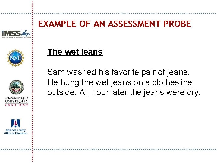 EXAMPLE OF AN ASSESSMENT PROBE The wet jeans Sam washed his favorite pair of