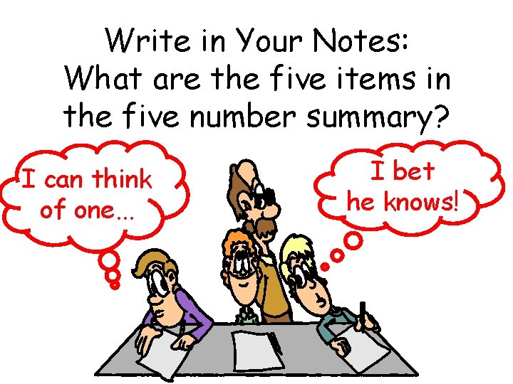 Write in Your Notes: What are the five items in the five number summary?