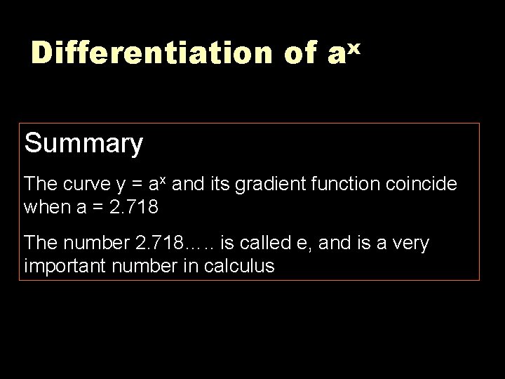 Differentiation of ax Summary The curve y = ax and its gradient function coincide