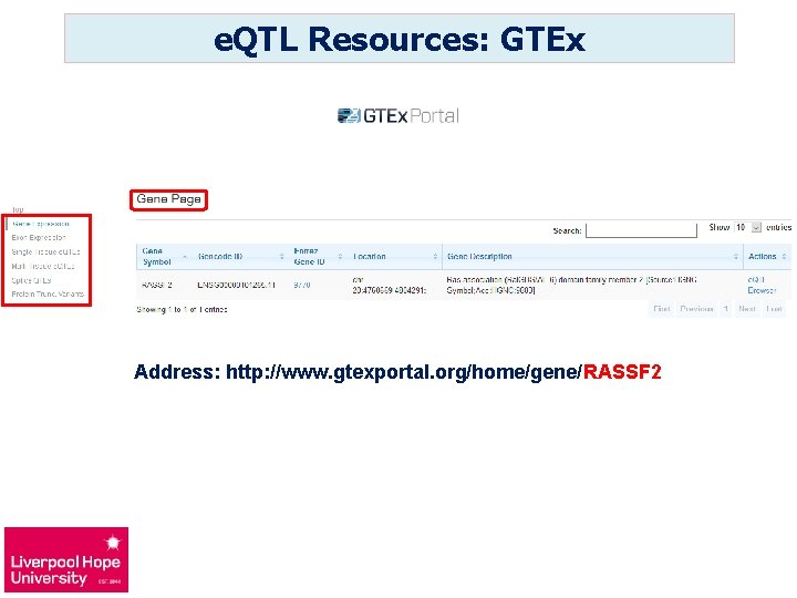 e. QTL Resources: GTEx Address: http: //www. gtexportal. org/home/gene/RASSF 2 