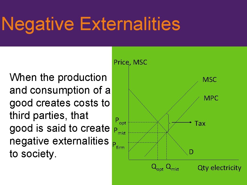 Negative Externalities Price, MSC When the production and consumption of a good creates costs