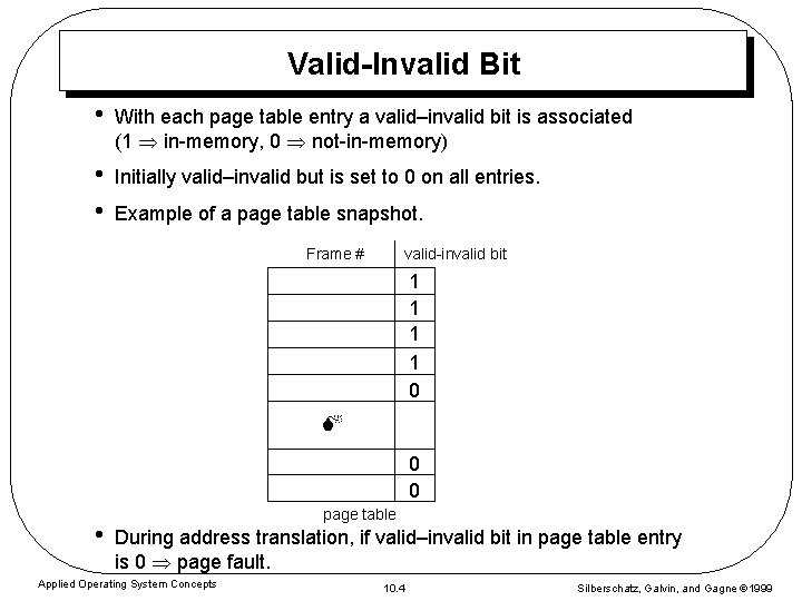Valid-Invalid Bit • With each page table entry a valid–invalid bit is associated (1