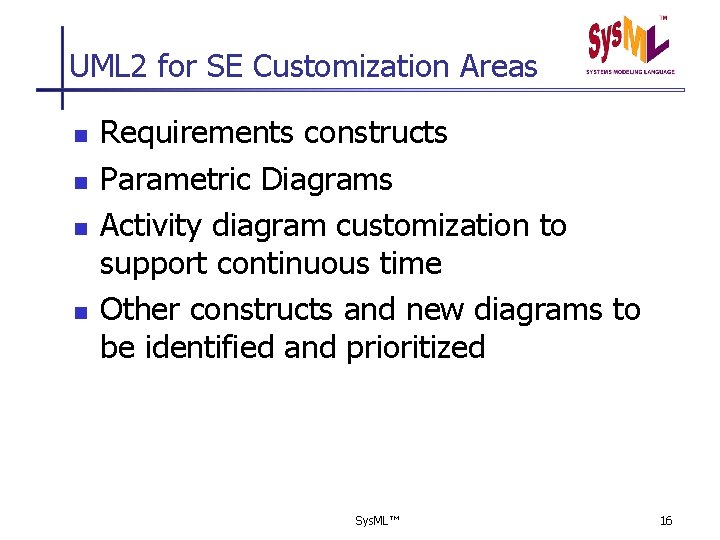 UML 2 for SE Customization Areas n n Requirements constructs Parametric Diagrams Activity diagram