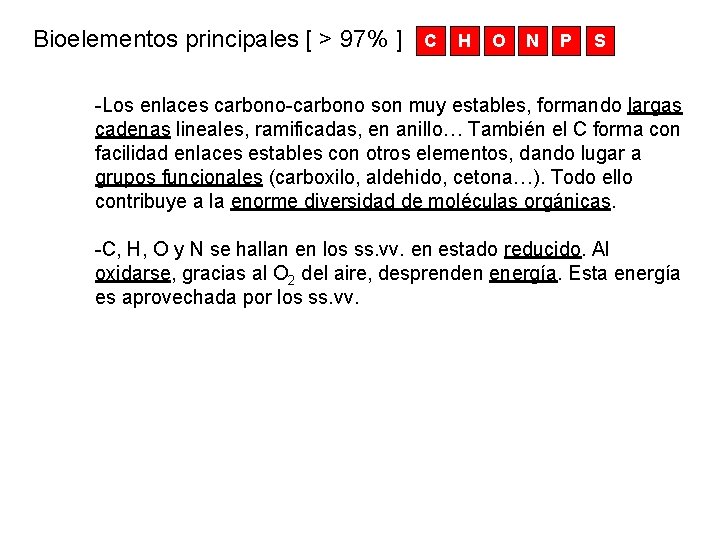 Bioelementos principales [ > 97% ] C H O N P S -Los enlaces