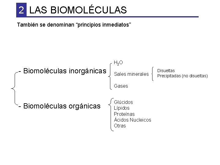 2 LAS BIOMOLÉCULAS También se denominan “principios inmediatos” H 2 O - Biomoléculas inorgánicas