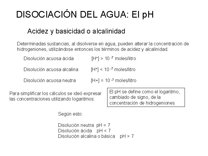 DISOCIACIÓN DEL AGUA: El p. H Acidez y basicidad o alcalinidad Determinadas sustancias, al