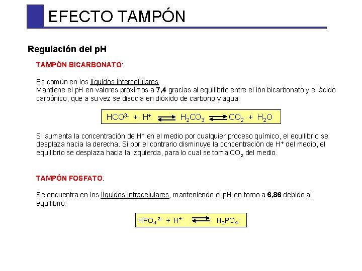 EFECTO TAMPÓN Regulación del p. H TAMPÓN BICARBONATO: Es común en los líquidos intercelulares.