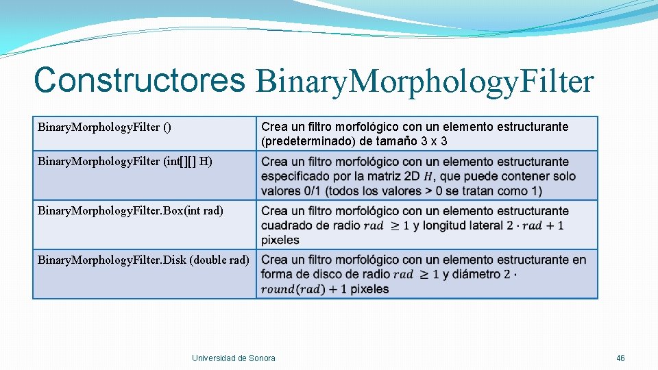 Constructores Binary. Morphology. Filter Crea un filtro morfológico con un elemento estructurante (predeterminado) de