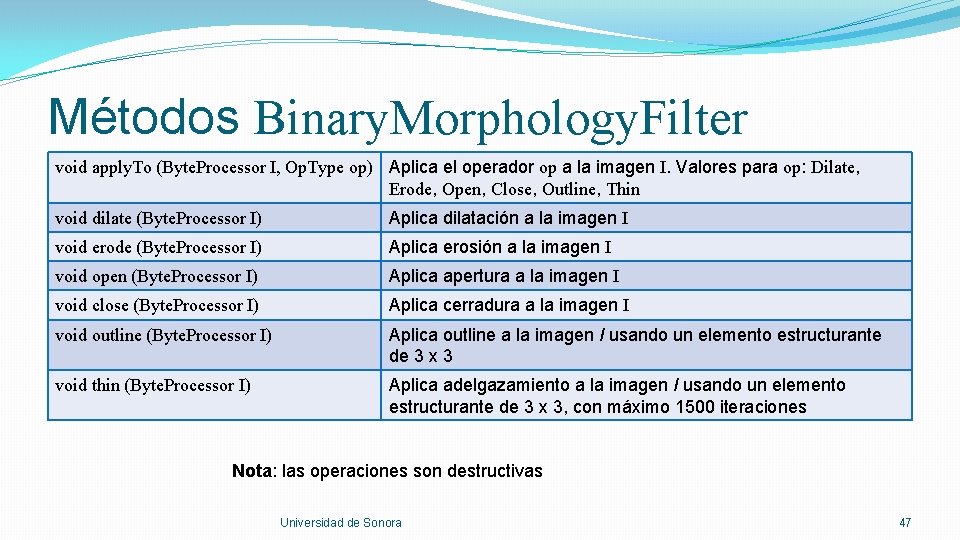 Métodos Binary. Morphology. Filter void apply. To (Byte. Processor I, Op. Type op) Aplica