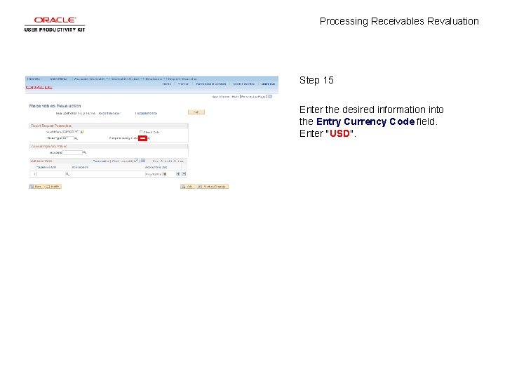 Processing Receivables Revaluation Step 15 Enter the desired information into the Entry Currency Code