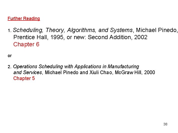 Further Reading 1. Scheduling, Theory, Algorithms, and Systems, Michael Pinedo, Prentice Hall, 1995, or