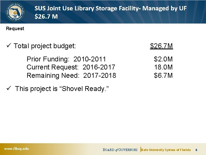 Request ü Total project budget: $26. 7 M Prior Funding: 2010 -2011 Current Request: