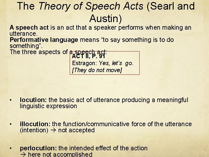 The Theory of Speech Acts (Searl and Austin) A speech act is an act
