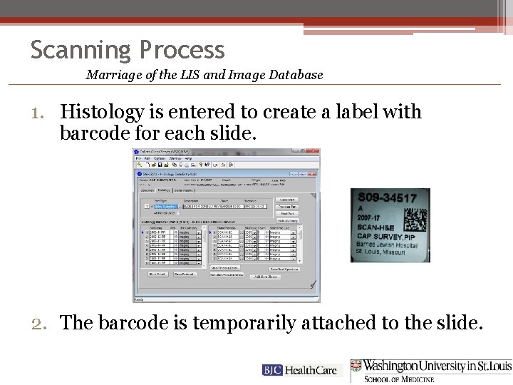 Scanning Process Marriage of the LIS and Image Database 1. Histology is entered to
