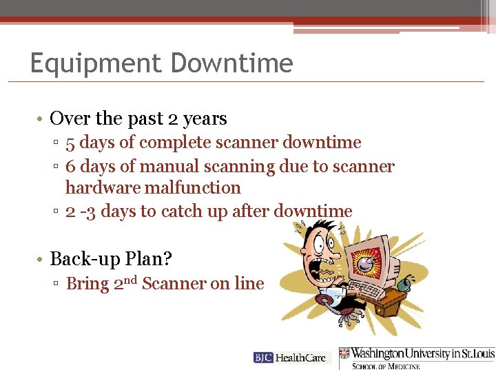 Equipment Downtime • Over the past 2 years ▫ 5 days of complete scanner
