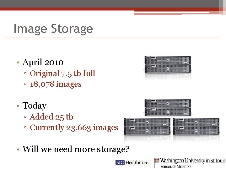 Image Storage • April 2010 ▫ Original 7. 5 tb full ▫ 18, 078