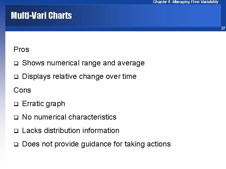 Chapter 9 Managing Flow Variability Multi-Vari Charts 27 Pros q Shows numerical range and