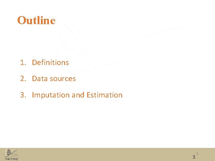 Outline 1. Definitions 2. Data sources 3. Imputation and Estimation 3 3 