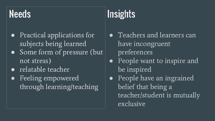 Needs Insights ● Practical applications for ● Teachers and learners can subjects being learned