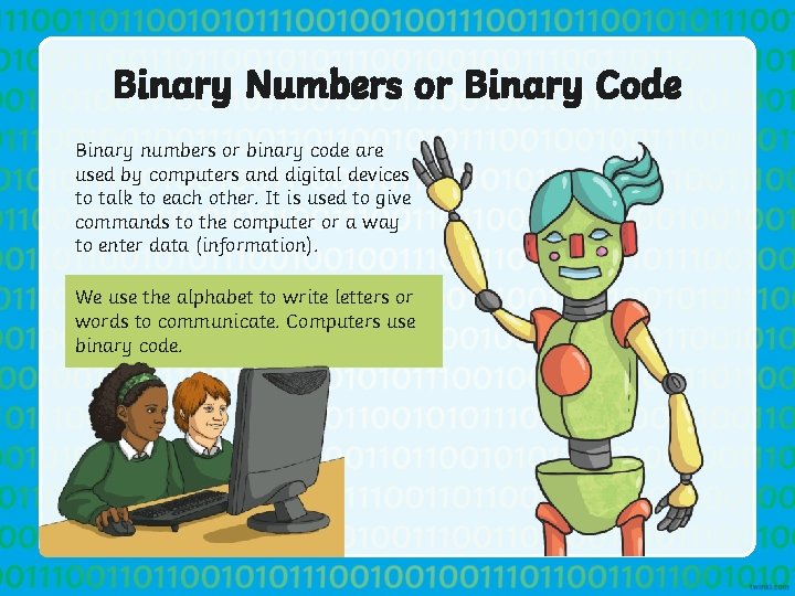 Binary Numbers or Binary Code Binary numbers or binary code are used by computers