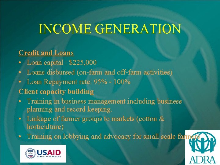 INCOME GENERATION Credit and Loans • Loan capital : $225, 000 • Loans disbursed