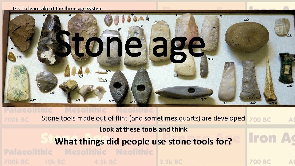 LO: To learn about the three age system Stone age Stone tools made out