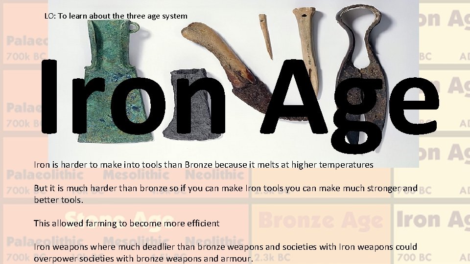 LO: To learn about the three age system Iron Age Iron is harder to