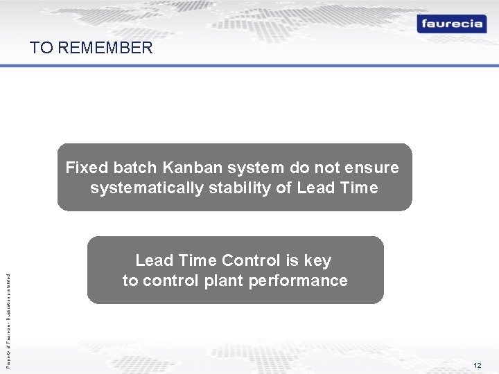 TO REMEMBER Property of Faurecia - Duplication prohibited Fixed batch Kanban system do not
