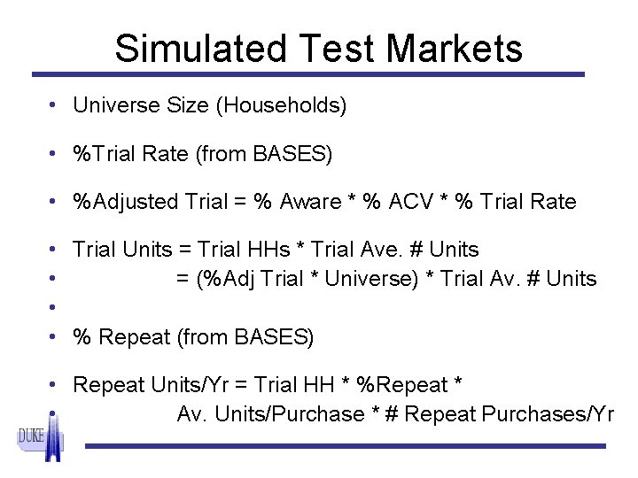 Simulated Test Markets • Universe Size (Households) • %Trial Rate (from BASES) • %Adjusted