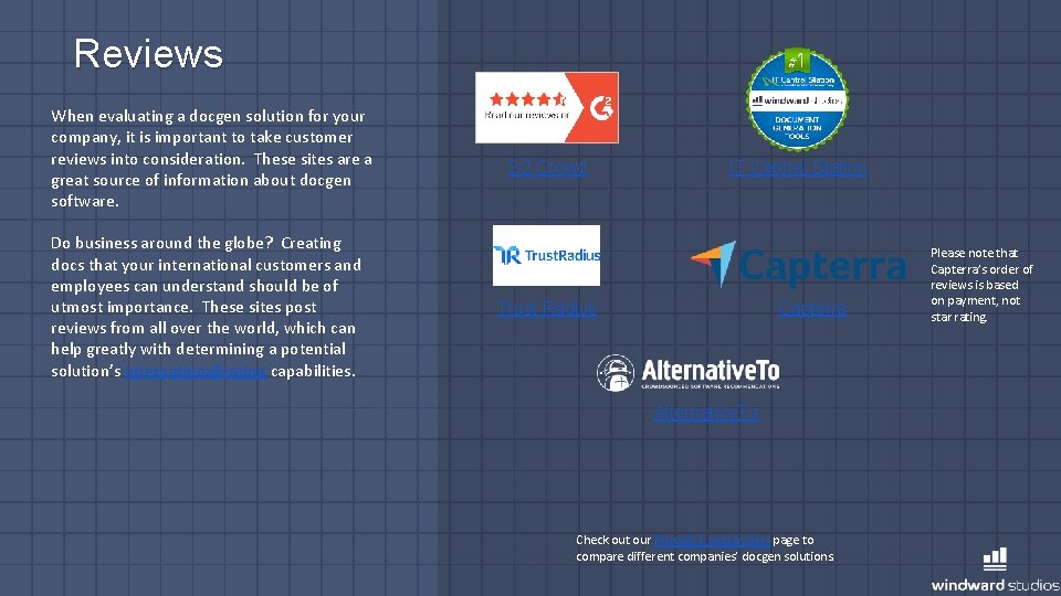 Reviews When evaluating a docgen solution for your company, it is important to take