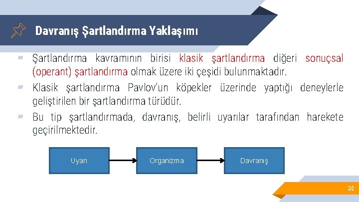 Davranış Şartlandırma Yaklaşımı ▰ Şartlandırma kavramının birisi klasik şartlandırma diğeri sonuçsal (operant) şartlandırma olmak