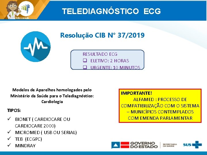 TELEDIAGNÓSTICO ECG Resolução CIB N° 37/2019 RESULTADO ECG q ELETIVO: 2 HORAS q URGENTE: