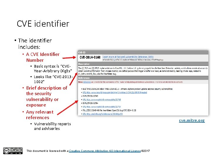 CVE identifier • The identifier includes: • A CVE Identifier Number • Basic syntax