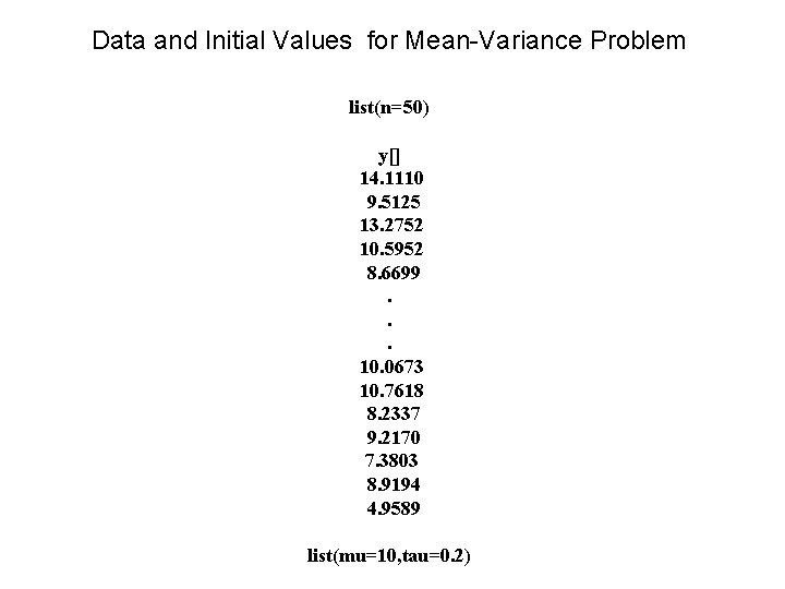 Data and Initial Values for Mean-Variance Problem list(n=50) y[] 14. 1110 9. 5125 13.