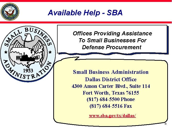 Available Help - SBA Offices Providing Assistance To Small Businesses For Defense Procurement Small