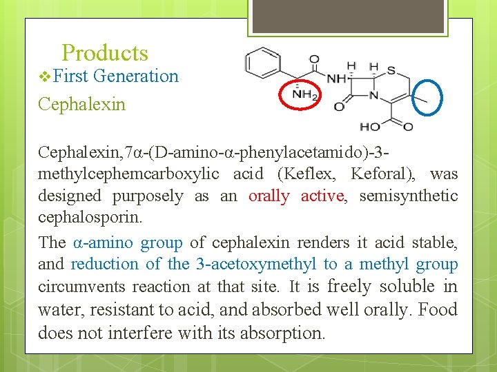 Products v First Generation Cephalexin, 7α-(D-amino-α-phenylacetamido)-3 methylcephemcarboxylic acid (Keflex, Keforal), was designed purposely as