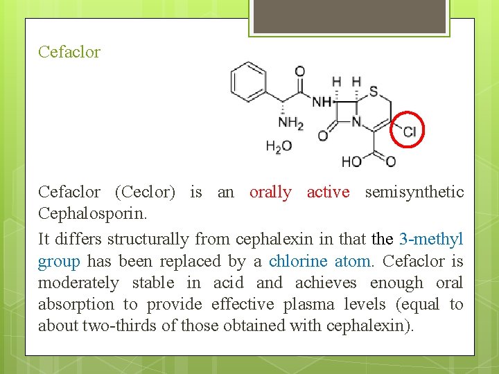Cefaclor (Ceclor) is an orally active semisynthetic Cephalosporin. It differs structurally from cephalexin in