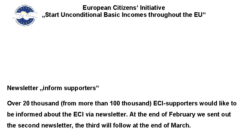 European Citizens‘ Initiative „Start Unconditional Basic Incomes throughout the EU“ Newsletter „inform supporters“ Over