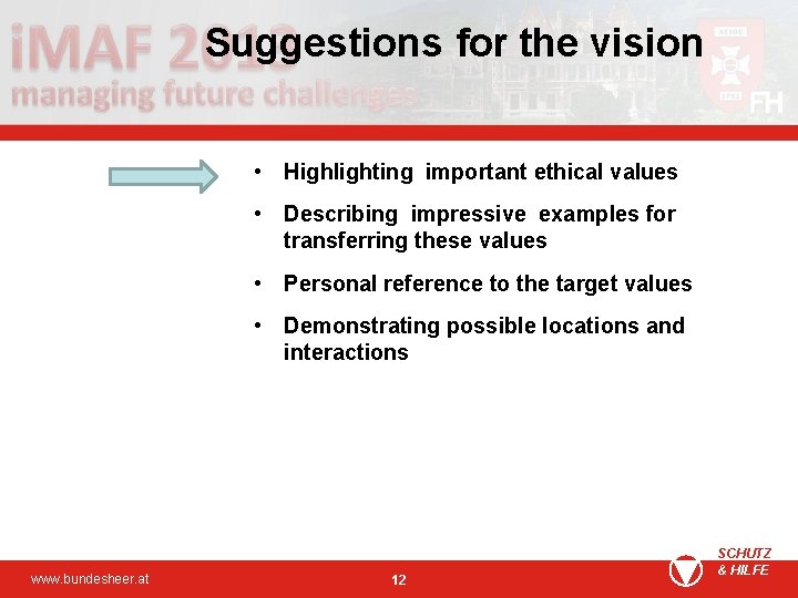 Suggestions for the vision • Highlighting important ethical values • Describing impressive examples for