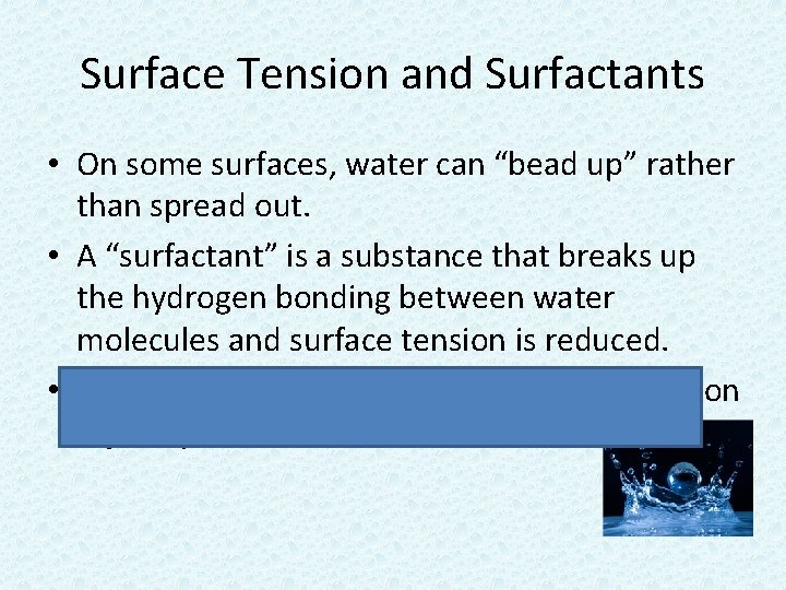 Surface Tension and Surfactants • On some surfaces, water can “bead up” rather than