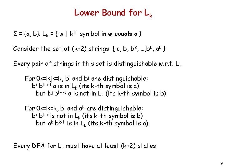 Lower Bound for Lk S = {a, b}. Lk = { w | kth