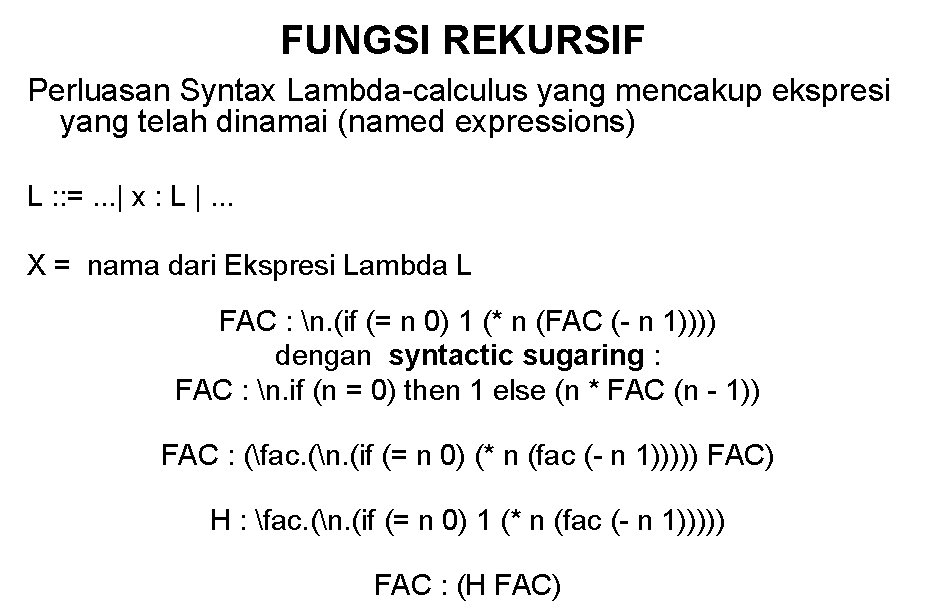 FUNGSI REKURSIF Perluasan Syntax Lambda-calculus yang mencakup ekspresi yang telah dinamai (named expressions) L