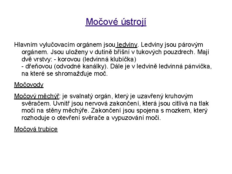 Močové ústrojí Hlavním vylučovacím orgánem jsou ledviny. Ledviny jsou párovým orgánem. Jsou uloženy v