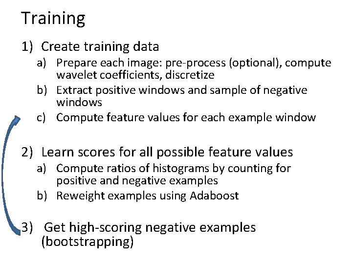 Training 1) Create training data a) Prepare each image: pre-process (optional), compute wavelet coefficients,