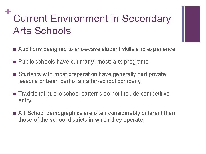 + Current Environment in Secondary Arts Schools n Auditions designed to showcase student skills
