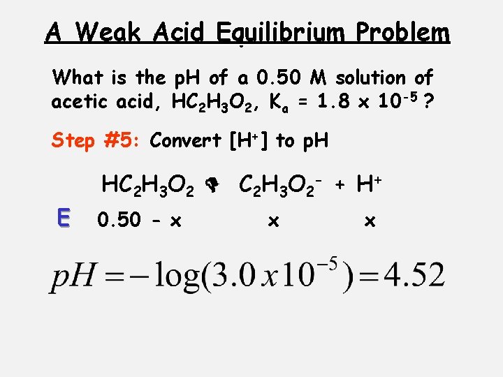 A Weak Acid Equilibrium Problem What is the p. H of a 0. 50