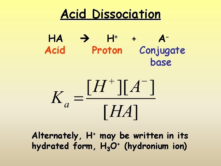 Acid Dissociation HA Acid H+ + AProton Conjugate base Alternately, H+ may be written