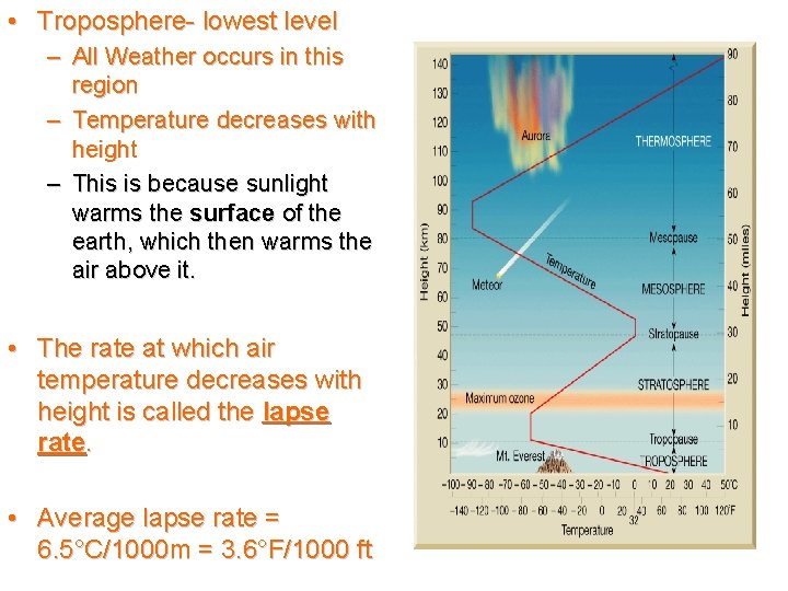  • Troposphere- lowest level – All Weather occurs in this region – Temperature